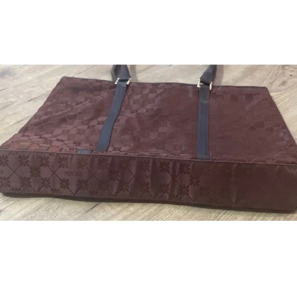 Vintage Escada Tote Bag Purse Canvas Leather Trim Brown Embossed Daisy Flower - Picture 8 of 10